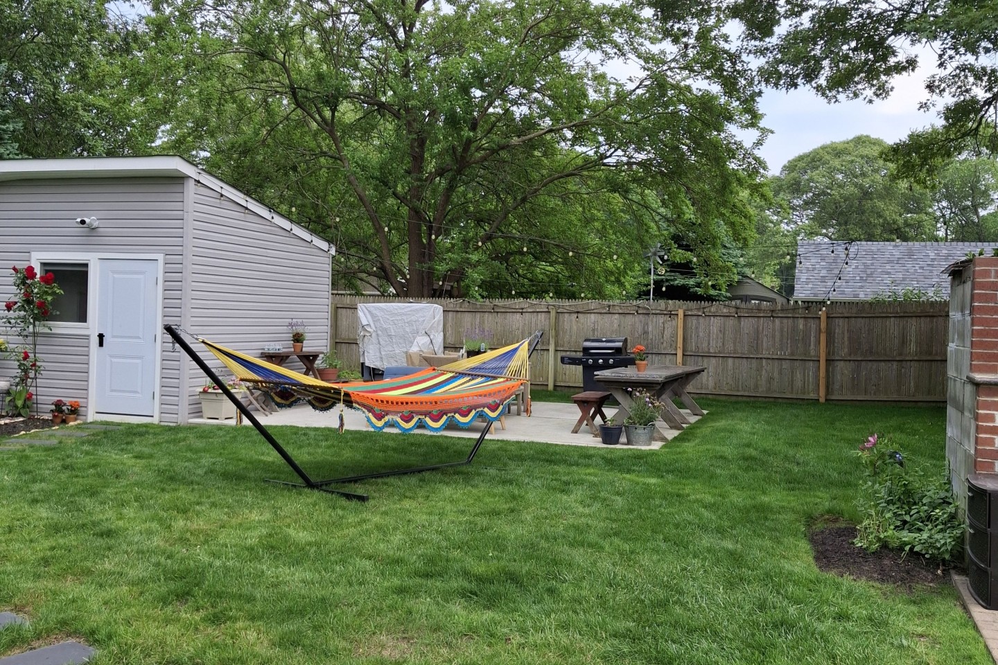 Outdoor sitting grilling space.